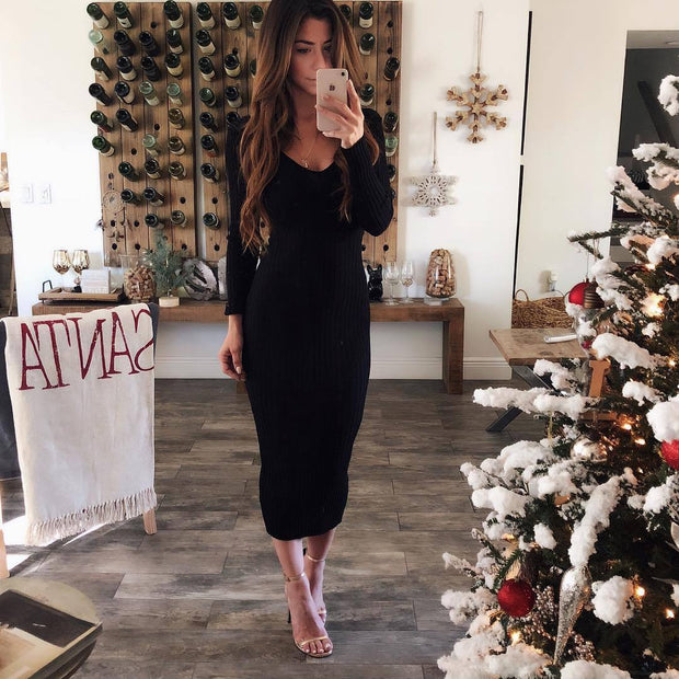 Sexy Round Neck Long Sleeve Knitted Bodycon Dress