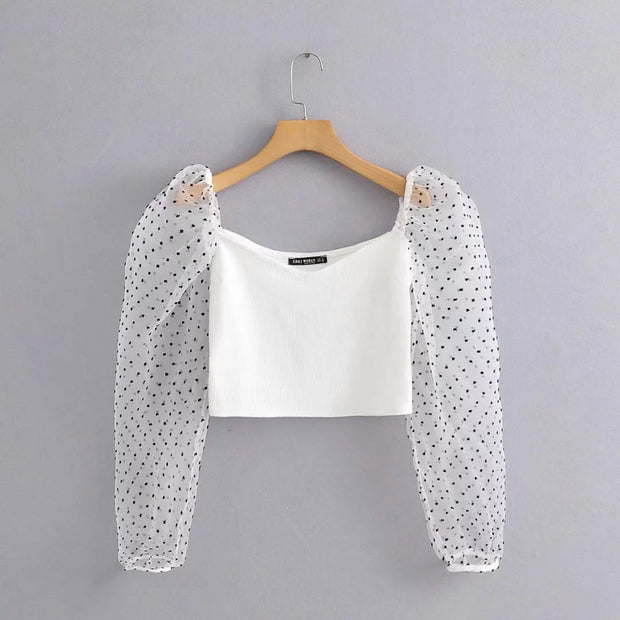 Fashion sexy mesh puff sleeve stitching polka dot top