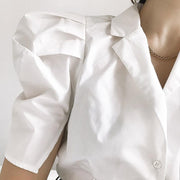 White shirt short sleeve V-neck design shirt loose puff sleeve top