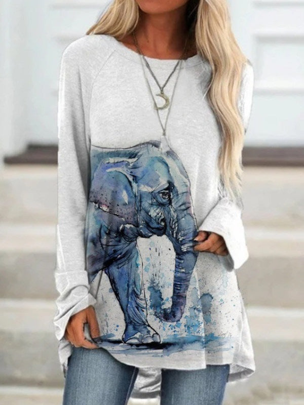 Fashion casual long-sleeved elephant print mid-length T-shirt