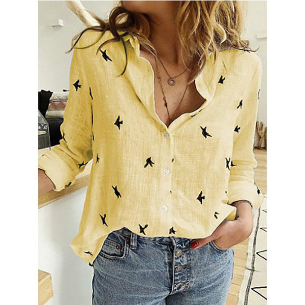 Loose button printed long-sleeved shirt
