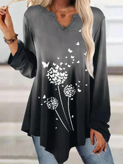 Personalized gradient color print ruffled hem long-sleeved T-shirt