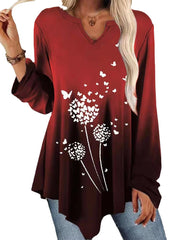 Personalized gradient color print ruffled hem long-sleeved T-shirt