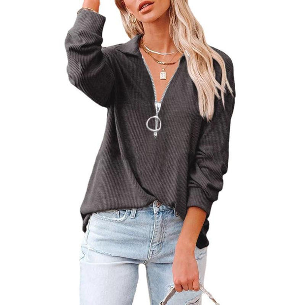 Casual solid color loose zipper V-neck long-sleeved large size loose threaded T-shirt