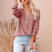 Casual solid color loose zipper V-neck long-sleeved large size loose threaded T-shirt