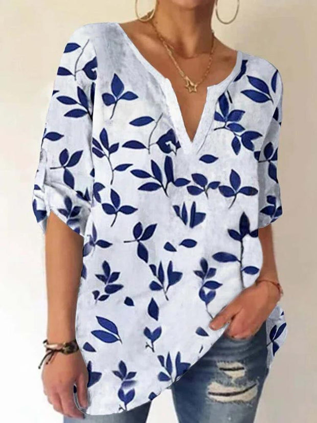 Casual temperament printed pullover short sleeve V-neck loose blouse