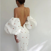 French strawberry print bag hip dress lantern sleeves high waist slim mid-length dress dress ladies style