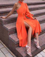 Solid Color Fitted One Shoulder Long Sleeve Dress