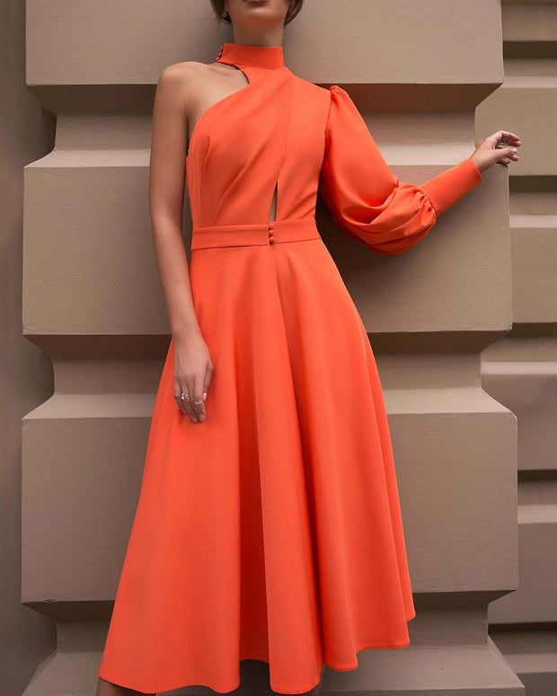 Solid Color Fitted One Shoulder Long Sleeve Dress