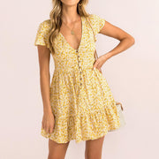 Fashion v-neck button all-match print small floral short-sleeved sexy dress