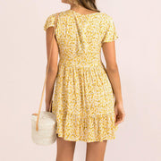 Fashion v-neck button all-match print small floral short-sleeved sexy dress