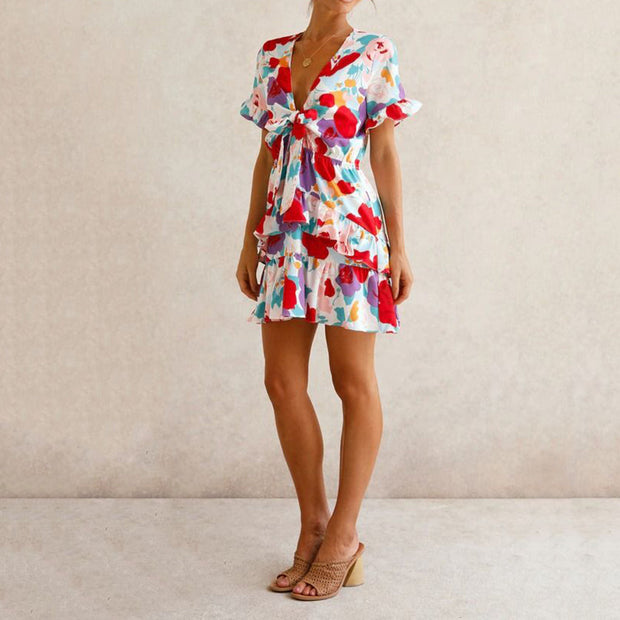 Lace-up printed holiday casual dress
