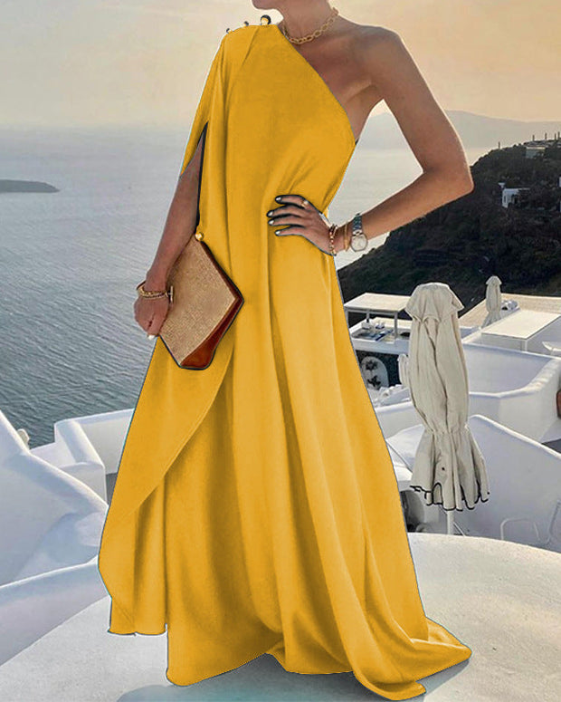 Solid Color Loose One Shoulder Long Dress