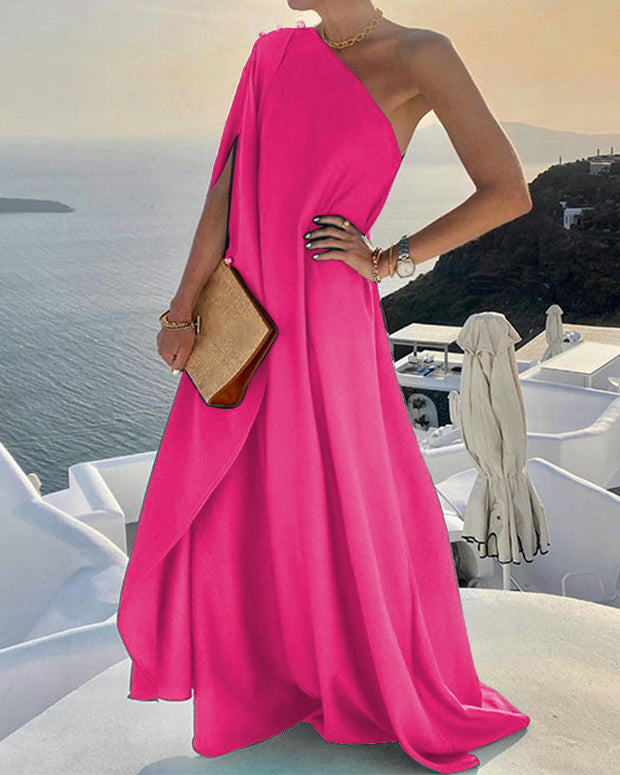 Solid Color Loose One Shoulder Long Dress