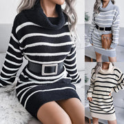 Casual high neck striped knitted sweater dress