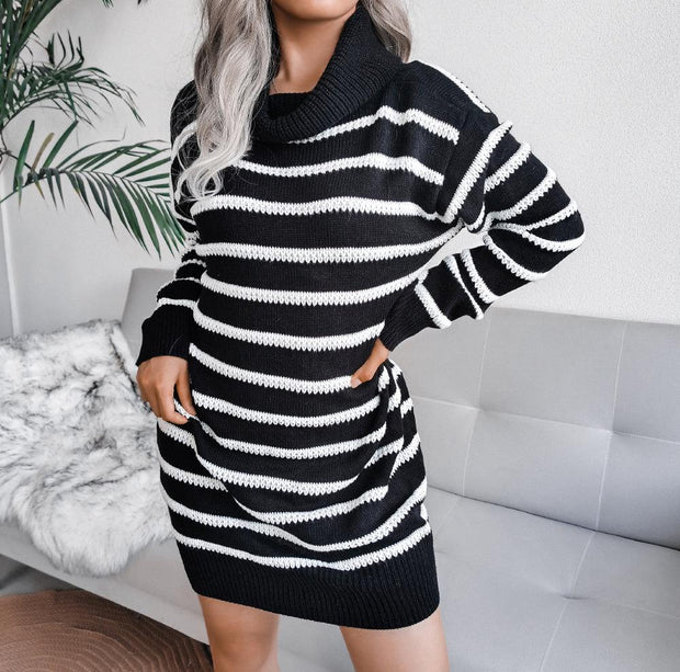 Casual high neck striped knitted sweater dress