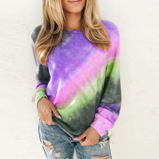 Fashion tie-dye gradient printing round neck long sleeve casual T-shirt top