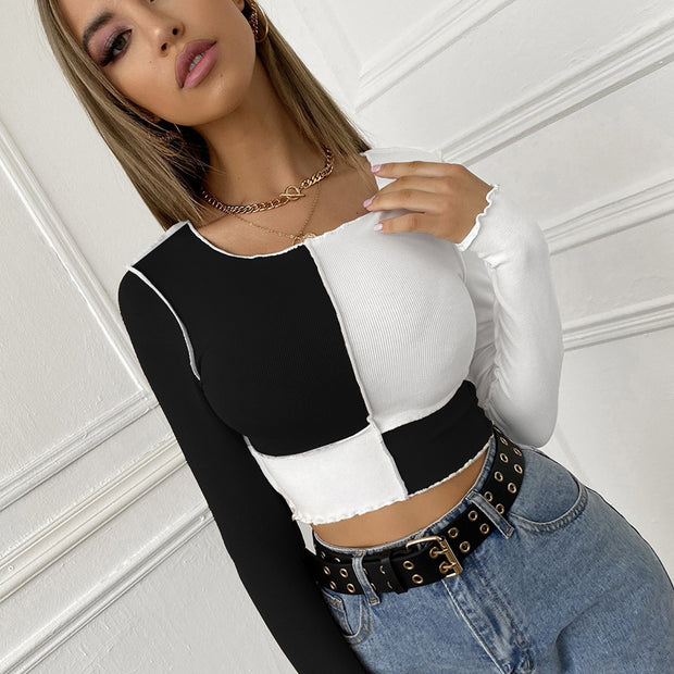 Fashion stitching color matching check round neck pullover long sleeve tight top T-shirt