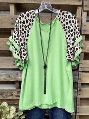 Casual round neck leopard print ruffled short sleeve stitching T-shirt