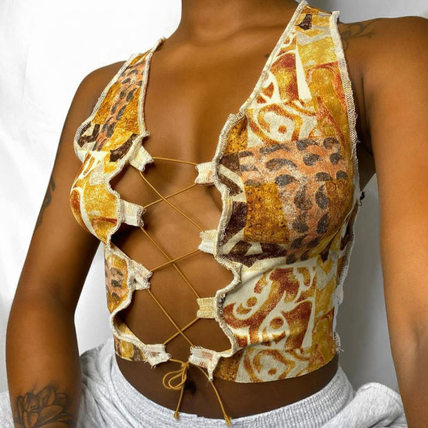 Women's Fashion Printed Bandage Hollow Sexy Slim Tank Top