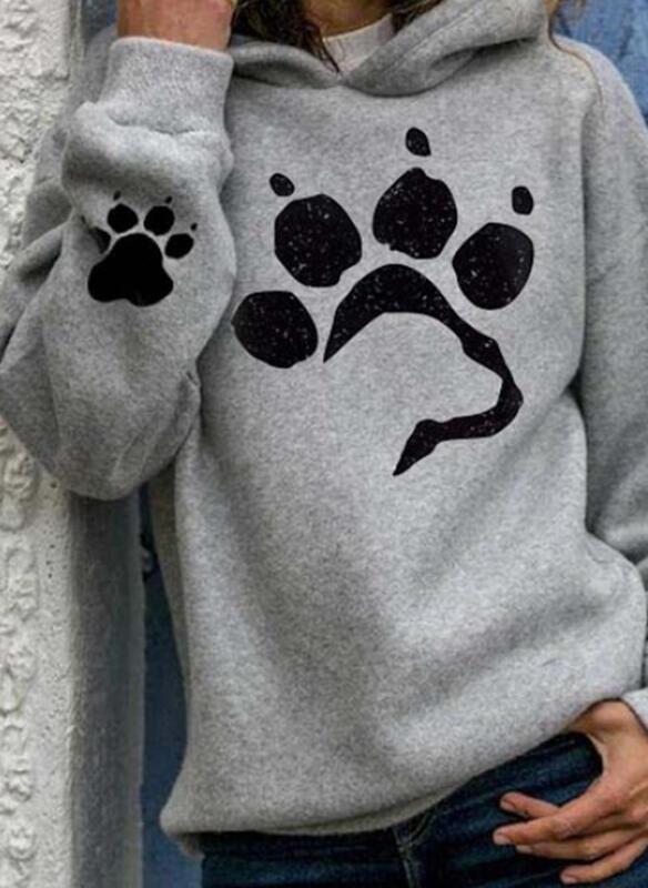 Women's printed cat paw casual long-sleeved pullover loose fall/winter fleece hooded sweater