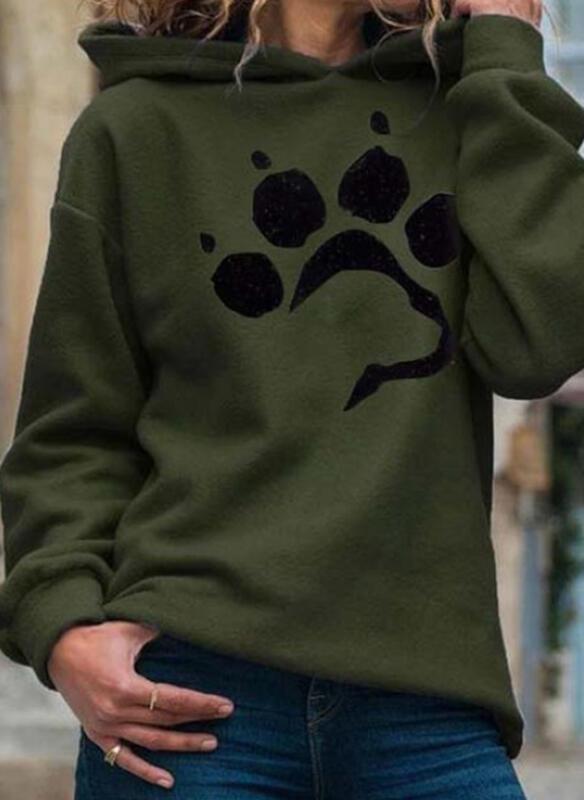 Women's printed cat paw casual long-sleeved pullover loose fall/winter fleece hooded sweater