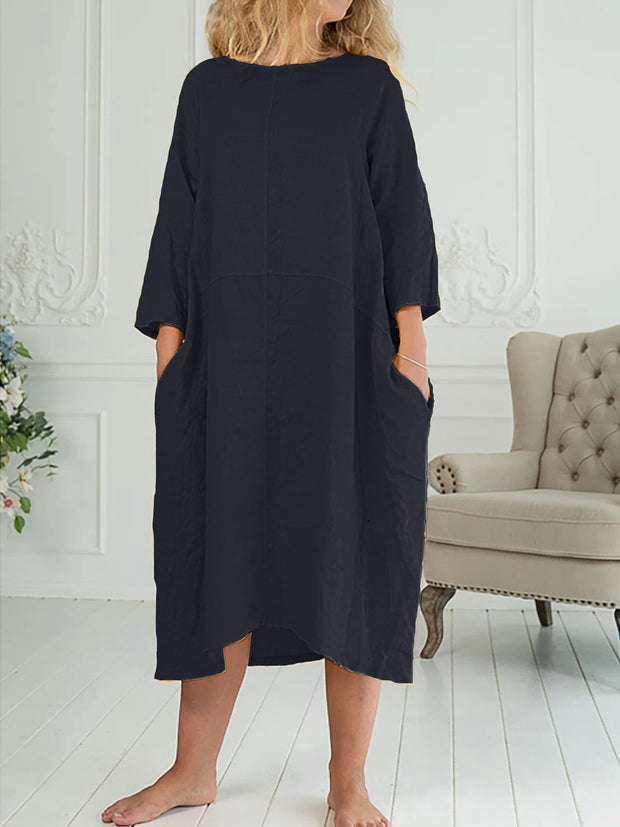 Three-quarter sleeves round neck pocket loose long skirt dress