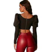 Sexy Hollow Solid Color Long Sleeve Puff Sleeve Crop Top