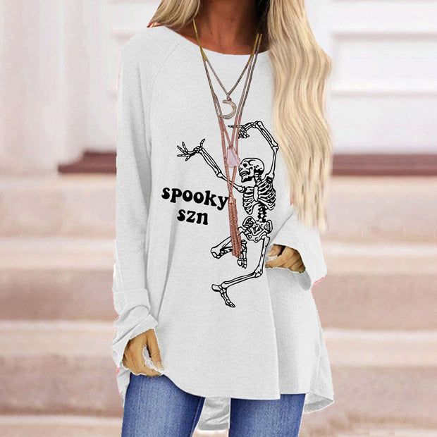 Fashion fun dancing skull man print loose round neck long sleeve T-shirt women