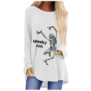 Fashion fun dancing skull man print loose round neck long sleeve T-shirt women