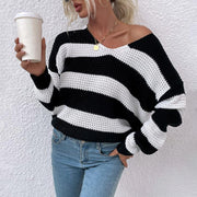 V-neck striped stitching waffle sweater women