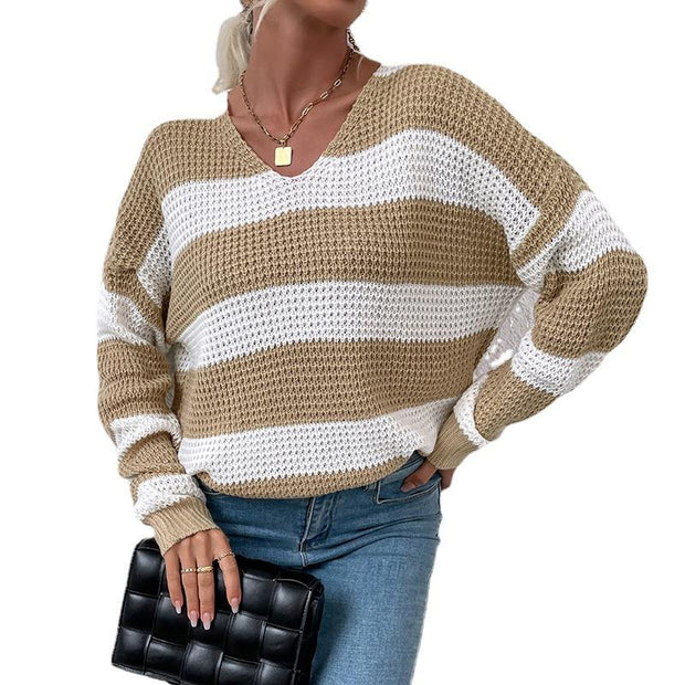 V-neck striped stitching waffle sweater women