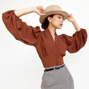 French V-neck women's shirt, court style temperament, lantern sleeves, slim long-sleeved shirt