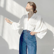 French V-neck women's shirt, court style temperament, lantern sleeves, slim long-sleeved shirt