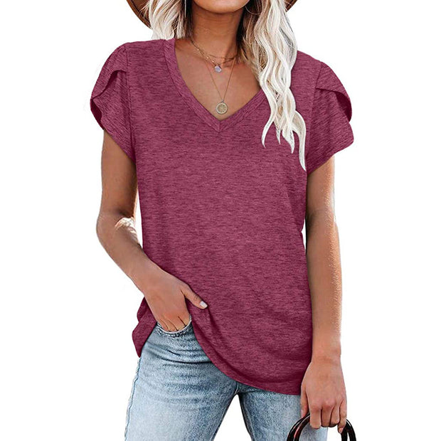 Casual solid color V-neck short-sleeved T-shirt