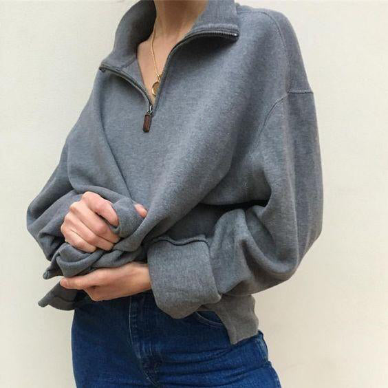 Women's fashion zipper lapel long sleeve sweatshirt