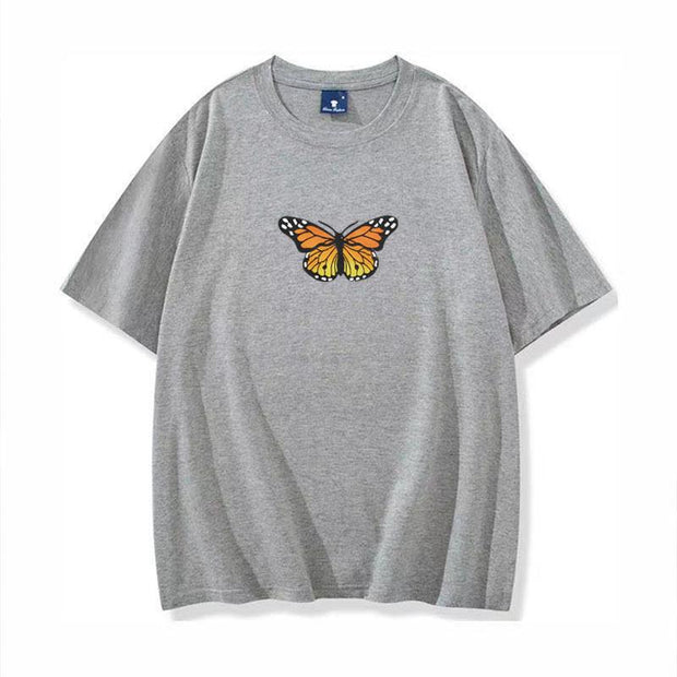 Short sleeve cotton butterfly print crew neck pullover casual