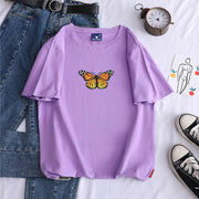 Short sleeve cotton butterfly print crew neck pullover casual