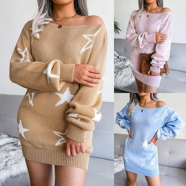 Star-neck off-the-shoulder sweater dress knitted dress