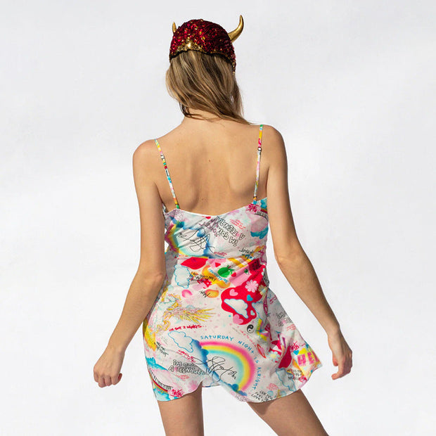 Summer women's V-neck halter print suspender dress