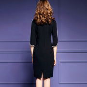 Fashion mid-sleeve beaded thin black business bodycon dress