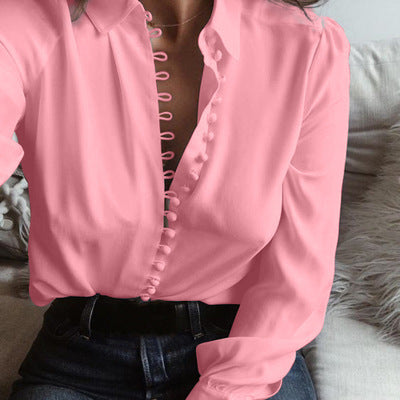 Fashion casual large size lapel solid color loose long sleeve shirt women