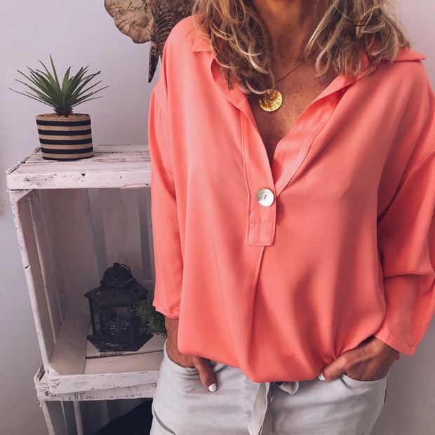 Fashion casual loose solid color V-neck shirt