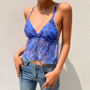 Starry sky ripple print contrast color mesh see-through camisole