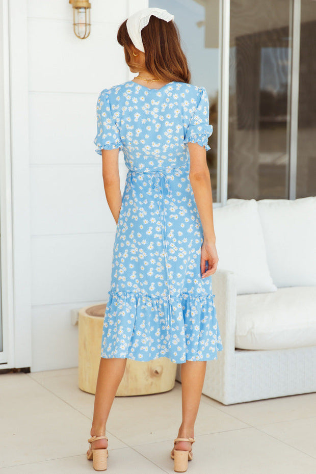 Spring short-sleeved printing midi dress