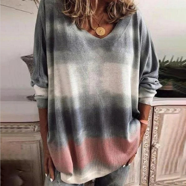 Fashion gradient tie-dye printing v-neck long-sleeved T-shirt top