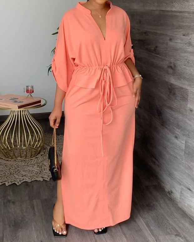 Fashion Stand Collar Slit Solid Color Dress