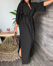 Fashion Stand Collar Slit Solid Color Dress