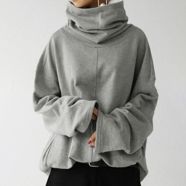 Loose casual long-sleeved high-neck pullover solid color pocket jacket sweater