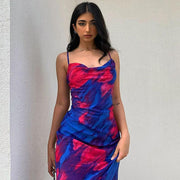 Women's new sexy print suspender halter mid-length dress